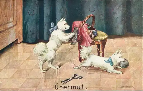 Ansichtskarte  Künstlerkarte Hunde spielen mit Nähzeug 1912