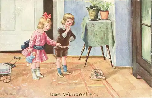 Ansichtskarte  Kinder Künstlerkarte Das Wundertier Junge u. Mädchen 1912
