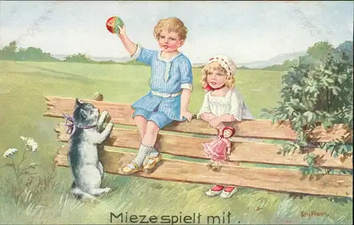 Ansichtskarte  Kinder Künstlerkarte Mieze spielt mit. Junge und Mädchen 1912