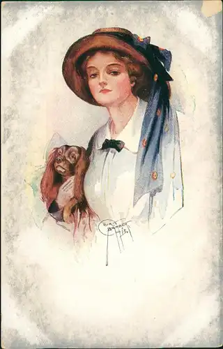 Ansichtskarte  Künstlerkarte feine Dame - Frau mit Hund 1912