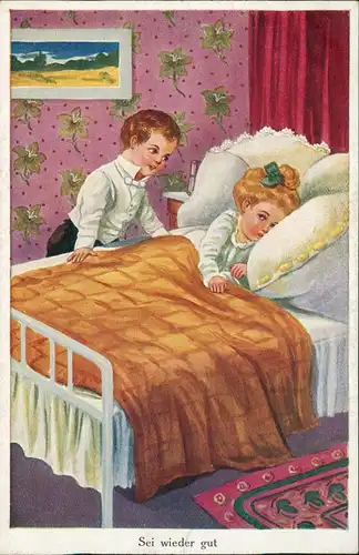 Ansichtskarte  Kinder Künstlerkarte feiner Junge bringt Mädchen zu Bett 1912