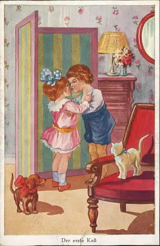 Ansichtskarte  Kinder Künstlerkarte Der erste Kuß Junge u. Mädchen 1912