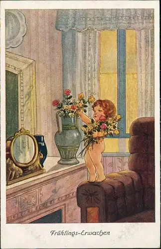 Kinder Künstlerkarte Frühlings-Erwachen Junge bestückt Blumenvase 1912