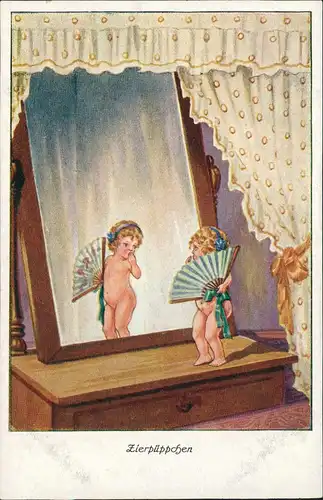 Kinder Künstlerkarte Zierpüppchen Mädchen mit Fächer schaut in den Spiegel 1912