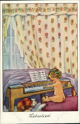 Ansichtskarte  Kinder Künstlerkarte Liebeslied Mädchen am Klavier Hund 1912
