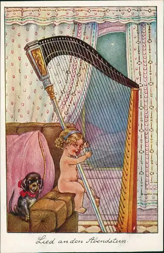 Lied an den Abendstern. Kinder Künstlerkarte Mädchen an der Harfe Hund 1912