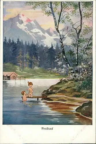 Kinder Künstlerkarte Freibad Junge und Mädchen am Waldsee 1919