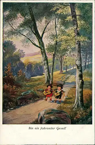 Kinder Künstlerkarte  fahrender Gesell Junge  Mädchen wandern durch  Wald 1912