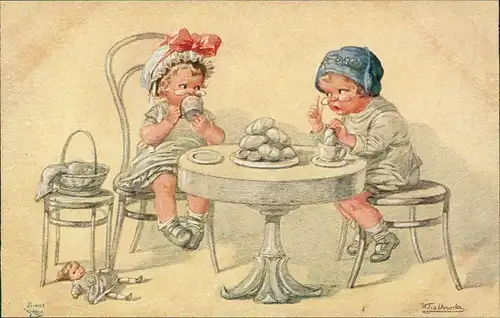 Kinder Künstlerkarte Jung auf Alt Kaffeklatsch  Mädchen Wally Fialkowska 1912