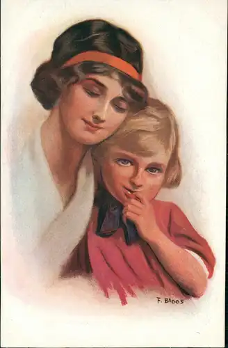 Ansichtskarte  Künstlerkarte Mutterglück F. Bloos Mutter und Tochter 1912