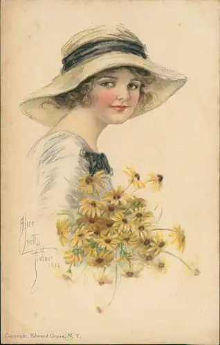 Ansichtskarte  Künstlerkarte AMERICAN GIRL junge Frau mit Blumen 1912