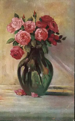 Ansichtskarte  Künstlerkarte Vase mit roten Rosen Frieda Schilling 1912