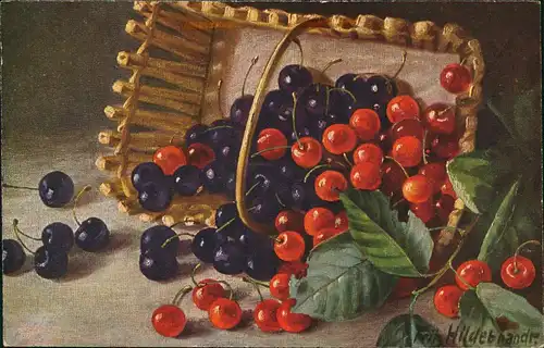 Beeren und Kirschen Künstlerkarte Korb mit Kirschen farbenfroh 1912