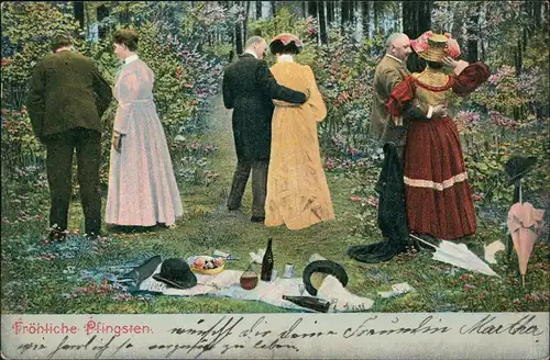 Ansichtskarte  Paare beim Picknik im Wald Glückwunsch: Pfingsten 1905
