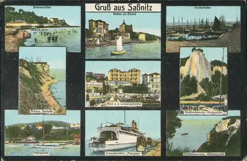 Ansichtskarte Sassnitz Arkona, Steilufer Badeanstalten Hafenpartie 1912