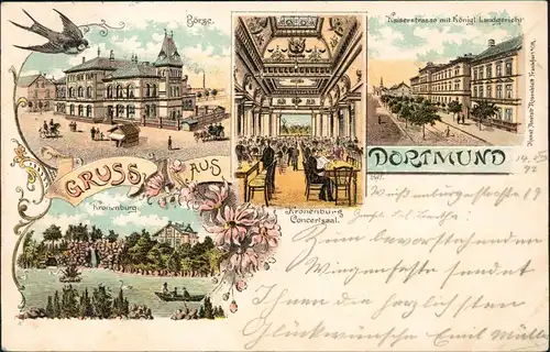 Litho AK Dortmund Kronenburg. Börse. Kaiserstrasse mit Königl. Landgericht 1897