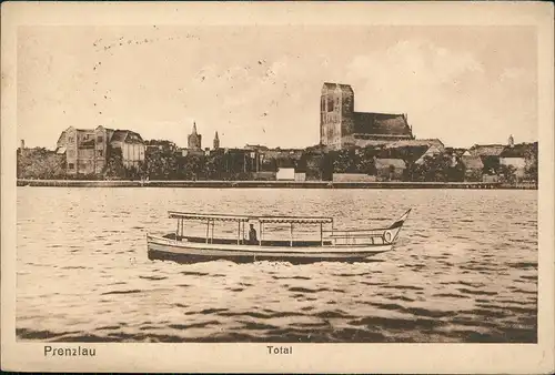Prenzlau Boot vor der Stadt 1922  gel. Bahnpoststempel auf 40 Mark Posthorn