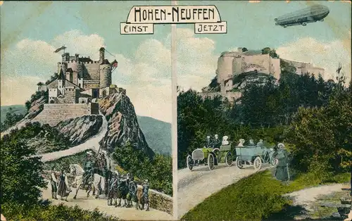 Ansichtskarte Neuffen Burg Hohenneuffen Einst und Jetzt Zeppelin Autos 1912