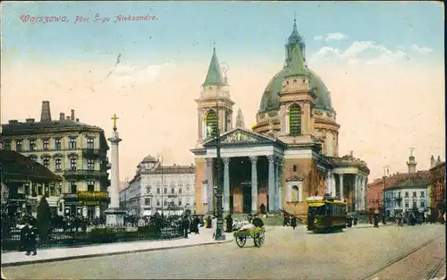 Warschau Warszawa Plac S-go Aleksandra, Stra0enbahn 1915 gel. Feldpoststempel