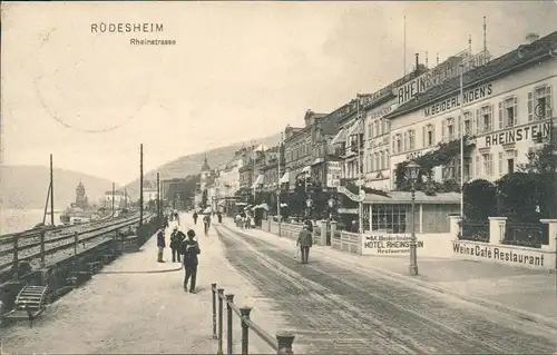 Ansichtskarte Rüdesheim (Rhein) Rheinstrasse, Cafes und Hotels 1910