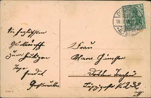 Herzliche Grüße Spatz mit Feilchen im Schnabel 1909 Prägekarte