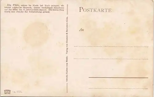 Kaub Künstlerkarte "Die Pfalz" bei Kaub, Astudin-Karte Rhein 1920