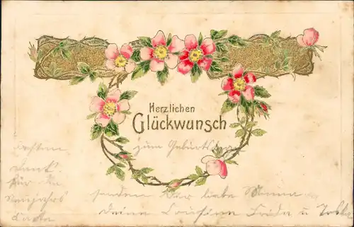 Geburtstag Birthday Blumenkranz Goldornament 1905 Goldrand/Prägekarte
