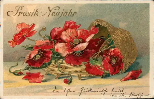 Neujahr Sylvester New Year Goldkorb mit Mohnblumen 1907 Goldrand/Prägekarte