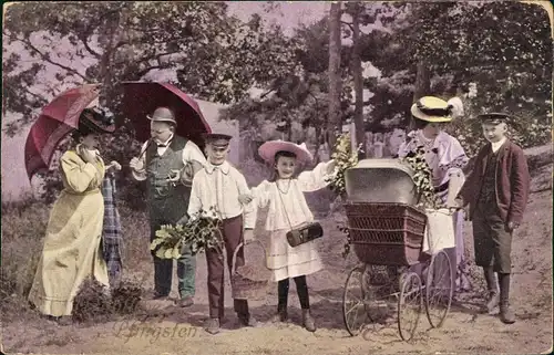 Ansichtskarte  Glückwunsch: Pfingsten Familienausflug Kinderwagen 1910