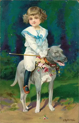 Ansichtskarte  Kinder Künstlerkarte Junge reitet auf Hund E. Reckziegel 1905