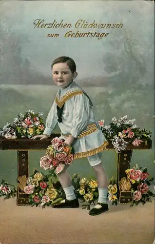 Glückwunsch Geburtstag Birthday Junge mit Bank voller Blumen 1913