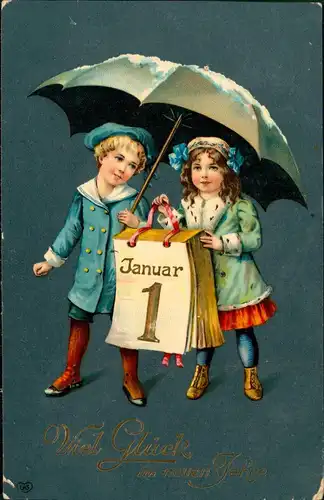 Neujahr Sylvester New Year Kinder mit Kalenderblatt 1. Januar 1909 Goldrand