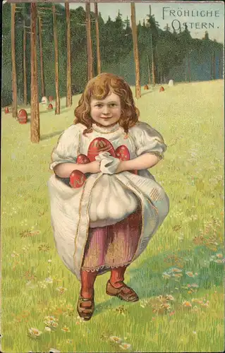 Mädchen bei der Ostereiersuche Glückwunsch Ostern / Easter 1909 Goldrand