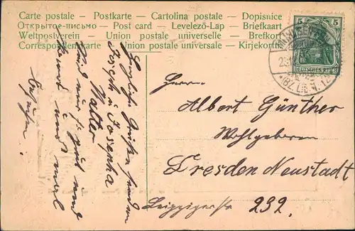 Weihnachten Christmas Künstlerkarte Tannenbaum Feilchen 1907 Gold 
Prägekarte