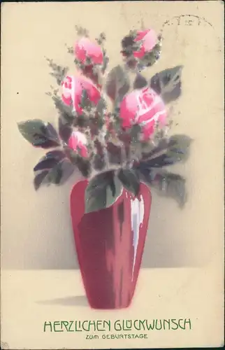 Glückwunsch Geburtstag Birthday Künstlerkarte Vase Rosen Modern Art 1916