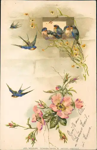 Ansichtskarte  Künstlerkarte Spatzen auf Zweigen Aplikationen China Art 1901