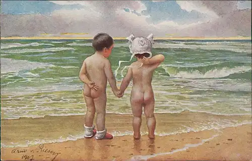 Künstlerkarte Junge und Mädchen - Hand an Hand am Strand 1917