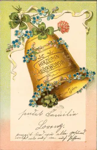 Neujahr Sylvester New Year goldene Glocke Kleeblättern Feilchen 1911 Goldrand