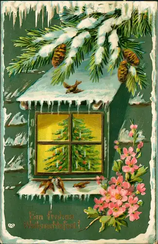 Weihnachten - Christmas Dachfenster - beleuchteter Weihnachtsbahn 1907