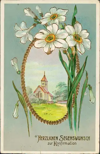 Glückwunsch - Konfirmation Kirche im Rahmen Blumenkranz 1909 Goldrand