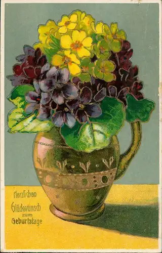 Glückwunsch Geburtstag Birthday Blumenstrauss  Kanne 1915 Goldrand