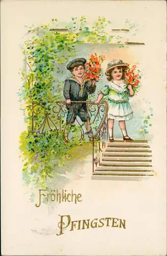 Glückwunsch: Pfingsten Junge und Mädchen mit Zweigen 1929 Goldrand