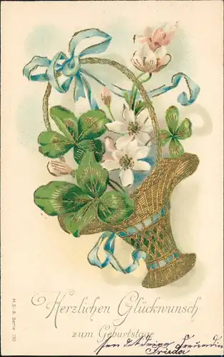 Glückwunsch Geburtstag Birthday Goldkorb Kleeblätter 1912 Goldrand