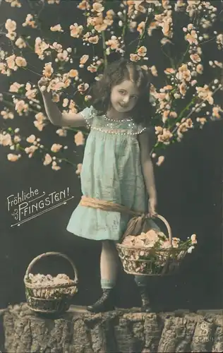 Ansichtskarte  Glückwunsch: Pfingsten - Mädchen mit Blumenkörben 1913