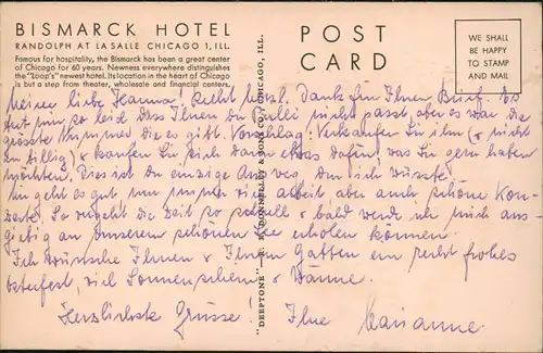 Postcard Chicago Bismarck Hotel Künstlerkarte 1962