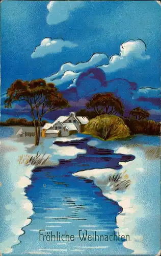 Weihnachten - Christmas Winterlandschaft in blau Künstlerkarte 1912 Goldrand