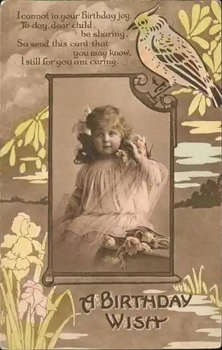 Ansichtskarte  Glückwunsch Geburtstag Birthday Wish Mädchen Papagei 1919