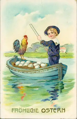 Ostern / Easter Junge mit Hahn im Kahn voller Ostereier 1912 Goldrand