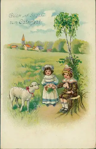 Glückwunsch Ostern / Easter Kinder mit Lamm vor der Stadt 1918 Silberrand