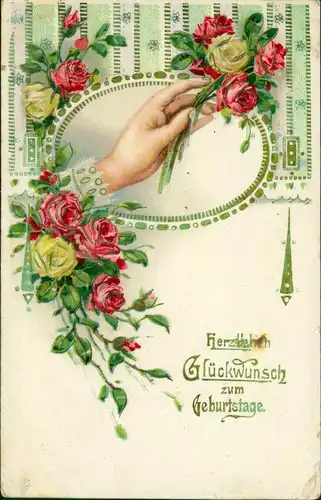 Glückwunsch Geburtstag Birthday Rosen übergebende Hand 1911 Goldrand